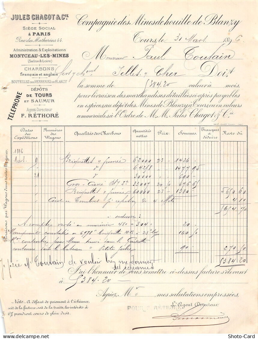 1896 COMPANY DES MINES DE HOUILLE DE BLANZY JULES CHAGOT A TOURS-TOUTAIN GAI