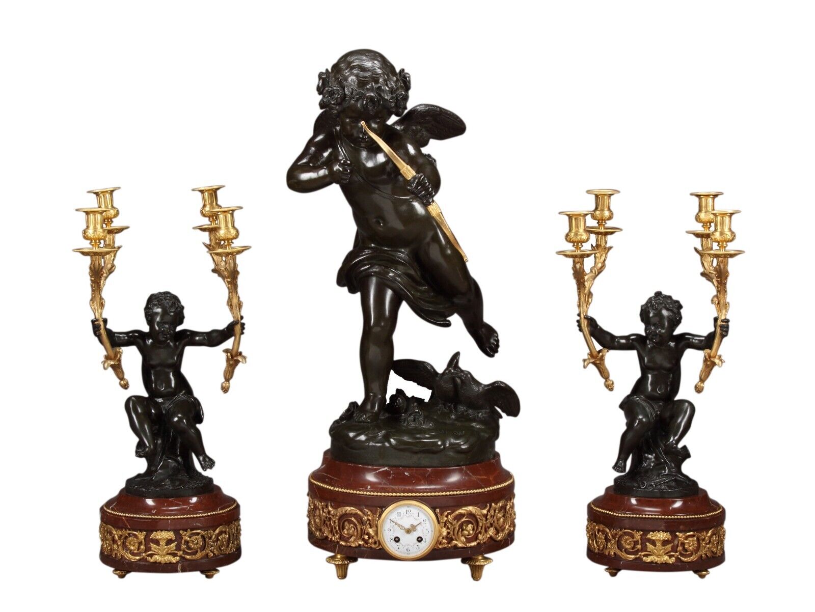 LARGE FRENCH PATINATED BRONZE FIGURAL CLOCK GARNITURE AFTER JEAN ANTOINE HOUDON