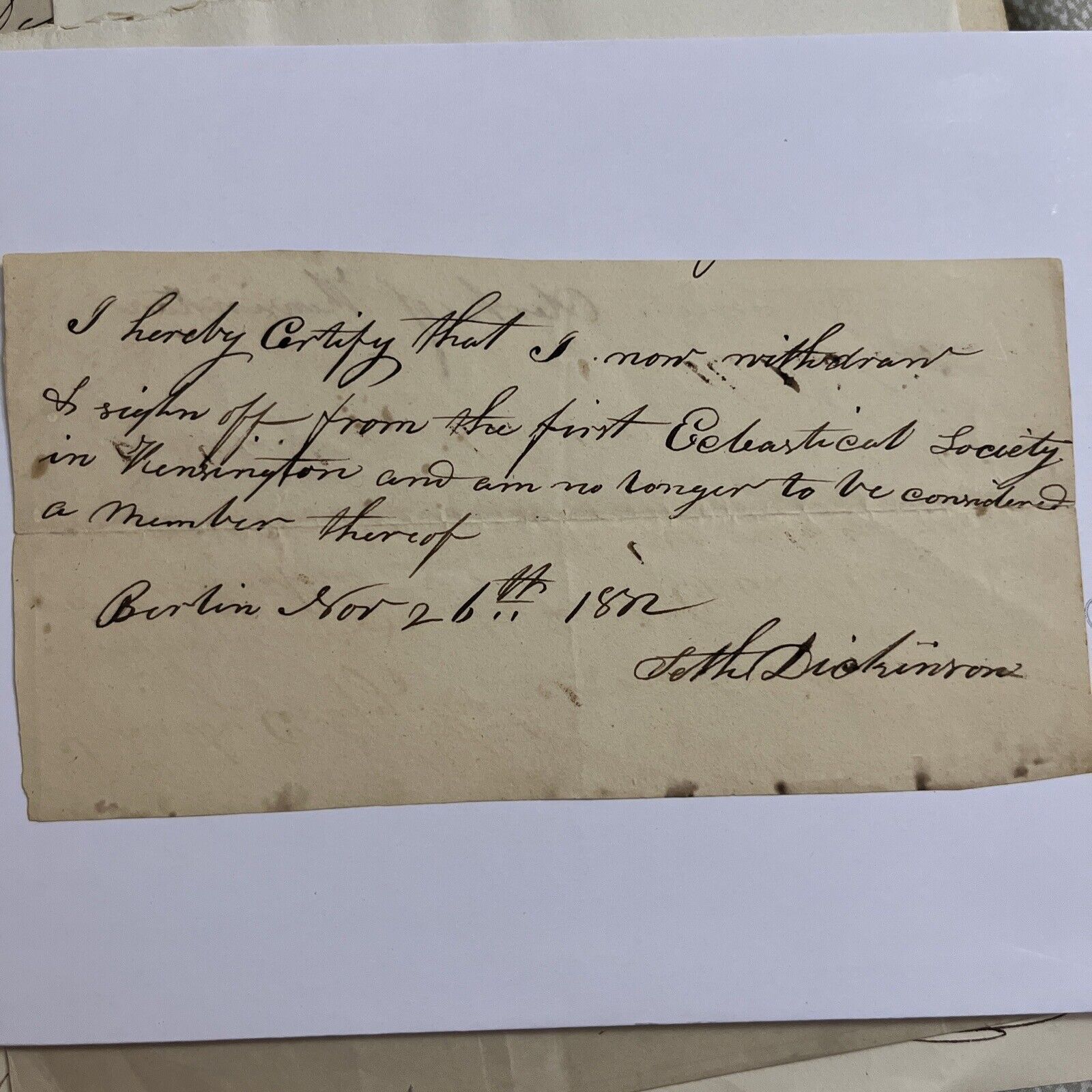 1812? Resignation Letter from the First Ecclesiastical Society of Kensington CT