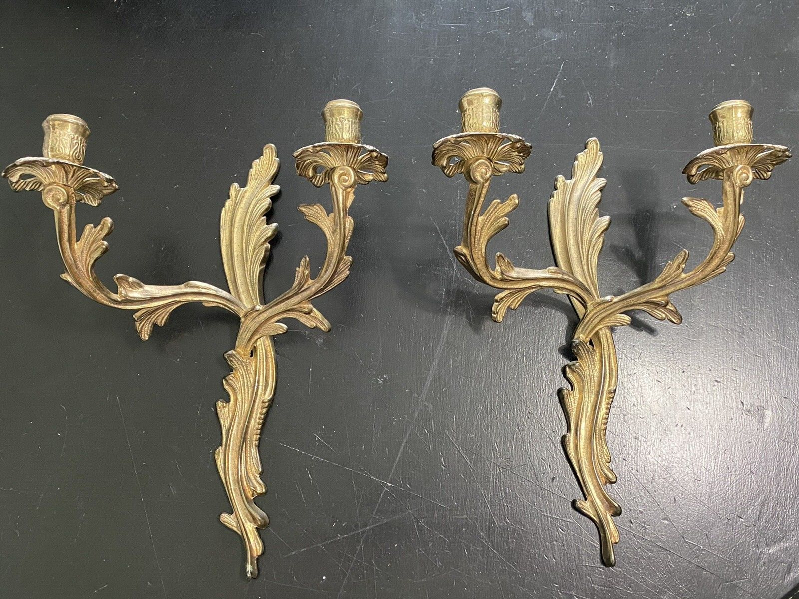 VINTAGE PAIR WALL CANDLE SCONCES LOUIS XV STYLE ACANTHUS LEAF 2 ARM ROCOCO