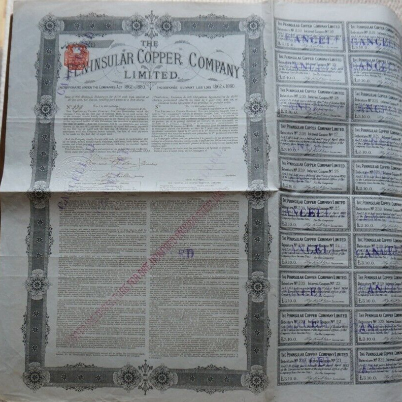 Spain, Peninsular Copper Co. Ltd £100 Debenture certificate dated 1882,