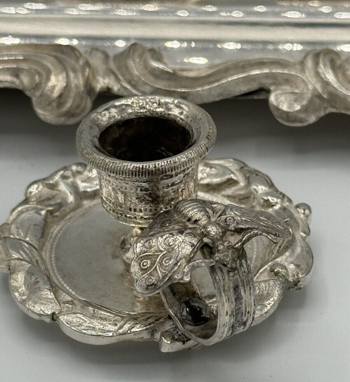 Antique Silver Plate Inkwell Base with Butterfly/Moth Candle Holder