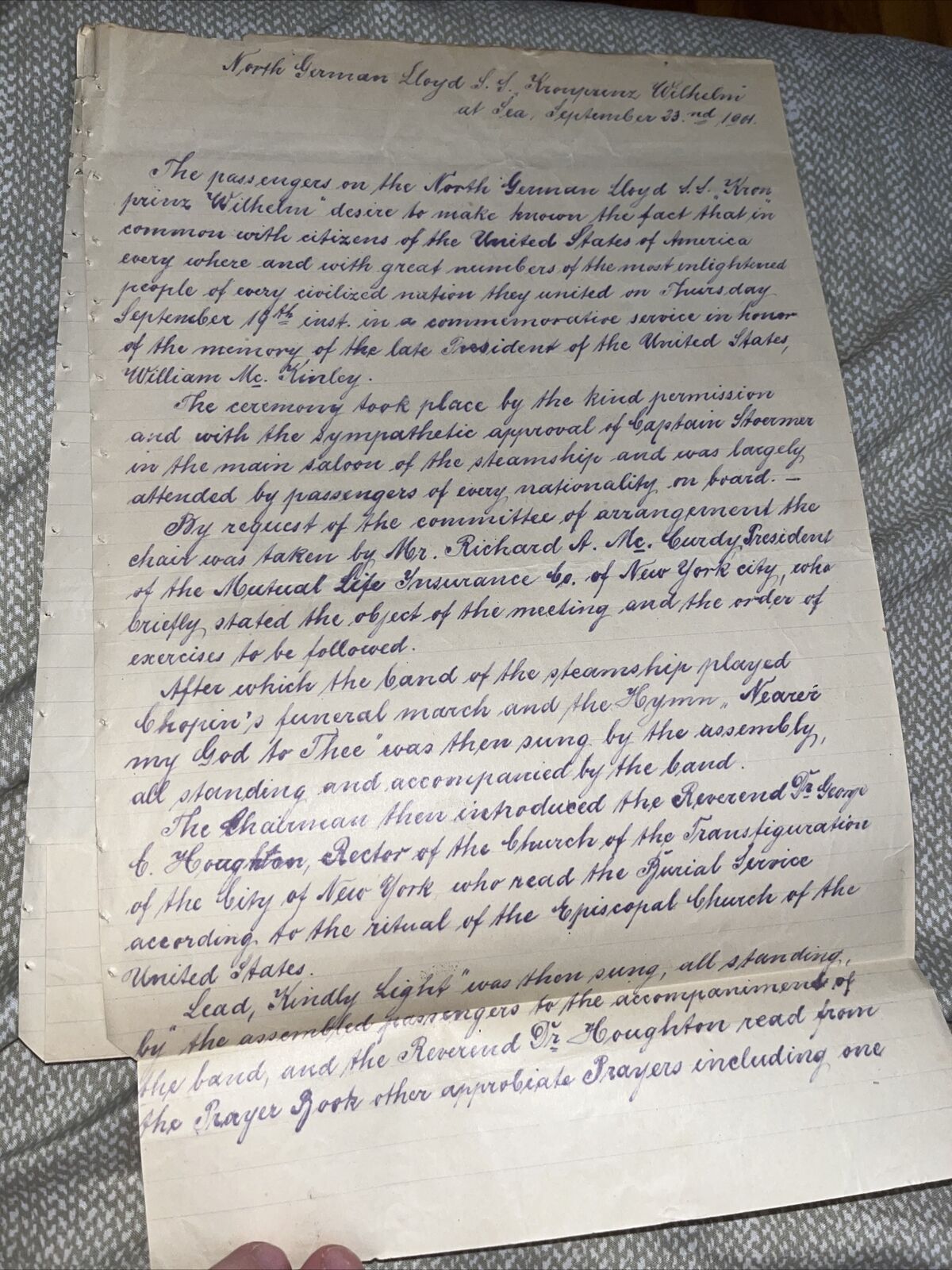1901 Letter from SS Kronprinz Wilhelm Passengers on Pres McKinley Assassination