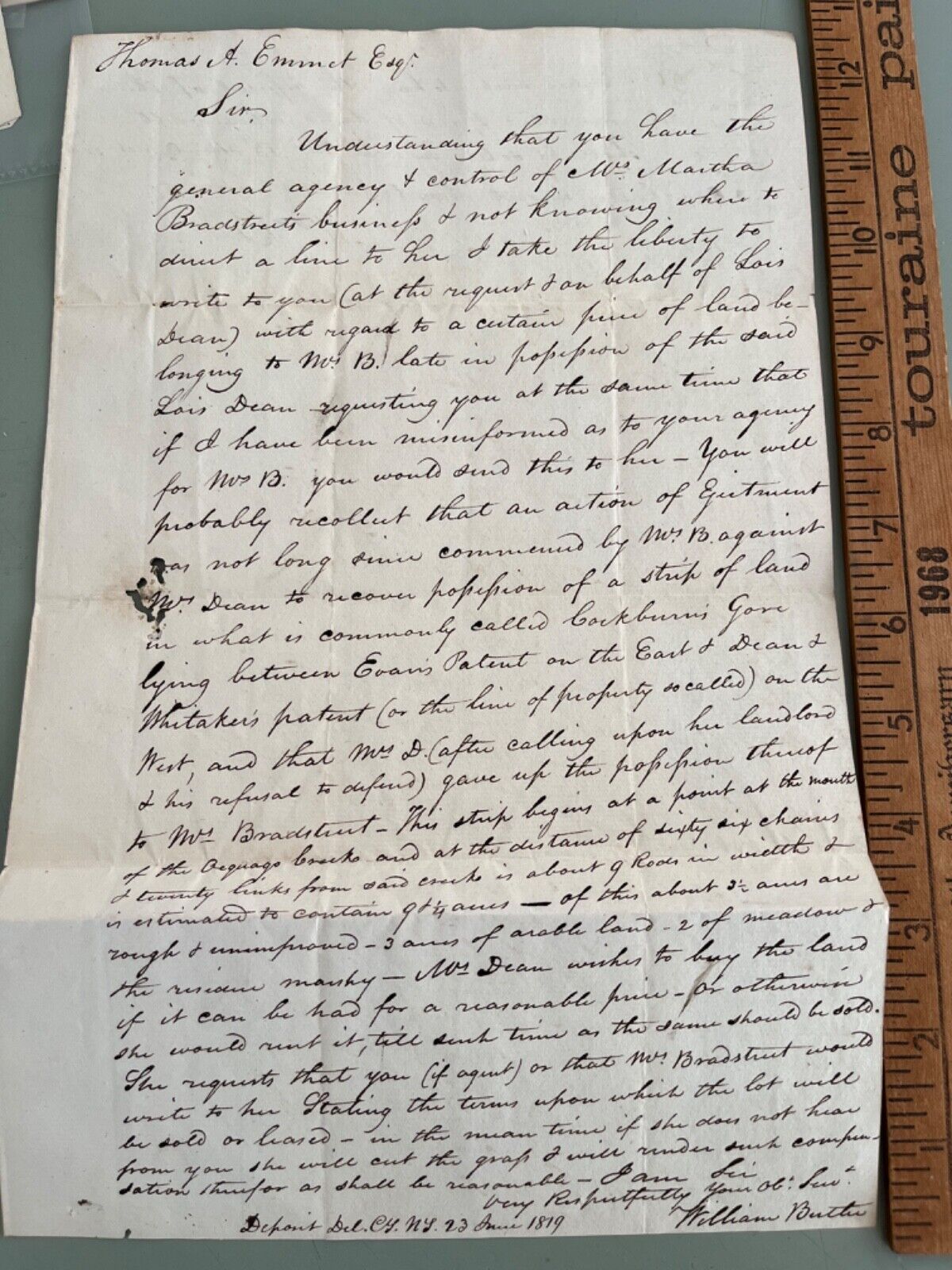 1819 Stampless Letter Eviction Lois Dean by Martha Bradstreet Cockburn’s Gore
