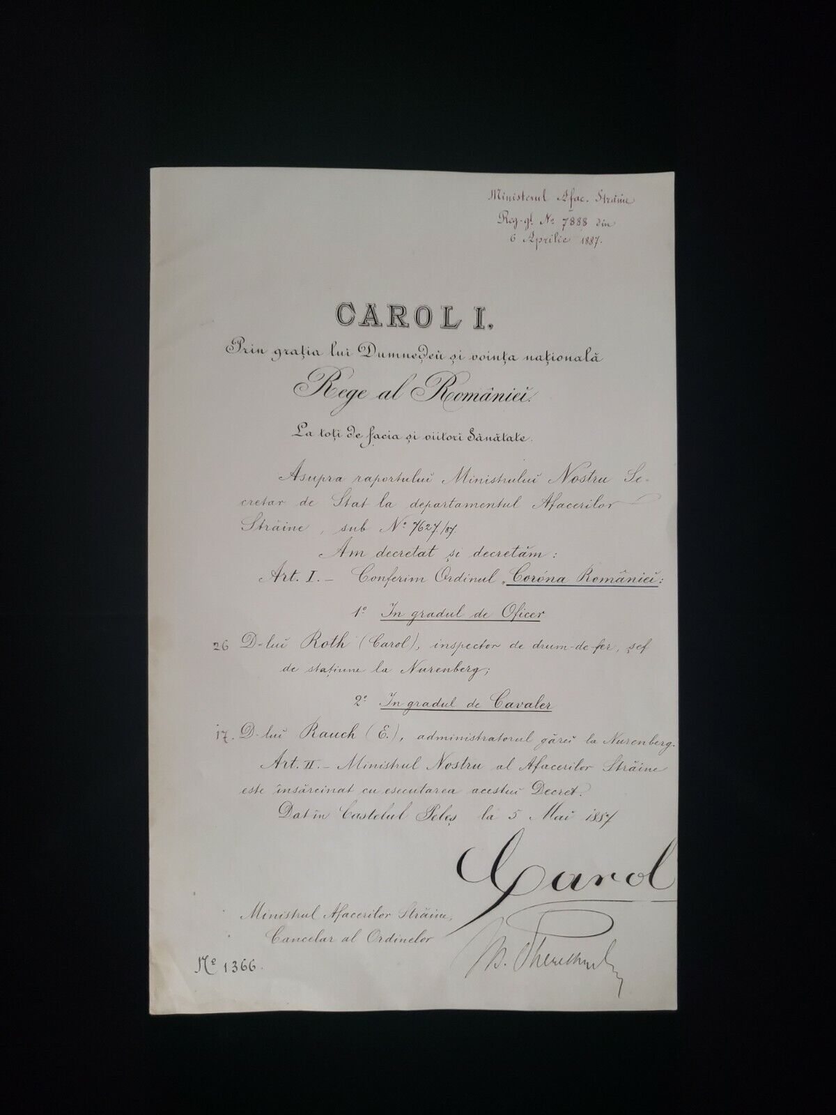 Antique Royal 1887 King Carol I Romania Signed Royalty Autograph Document Letter