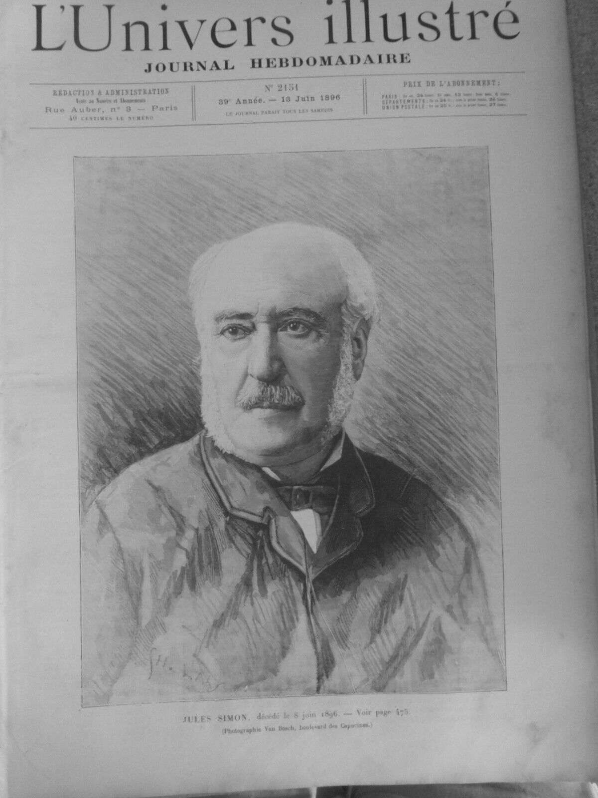 1896 JULES SIMON PORTRAIT 1 ANTIQUE NEWSPAPER