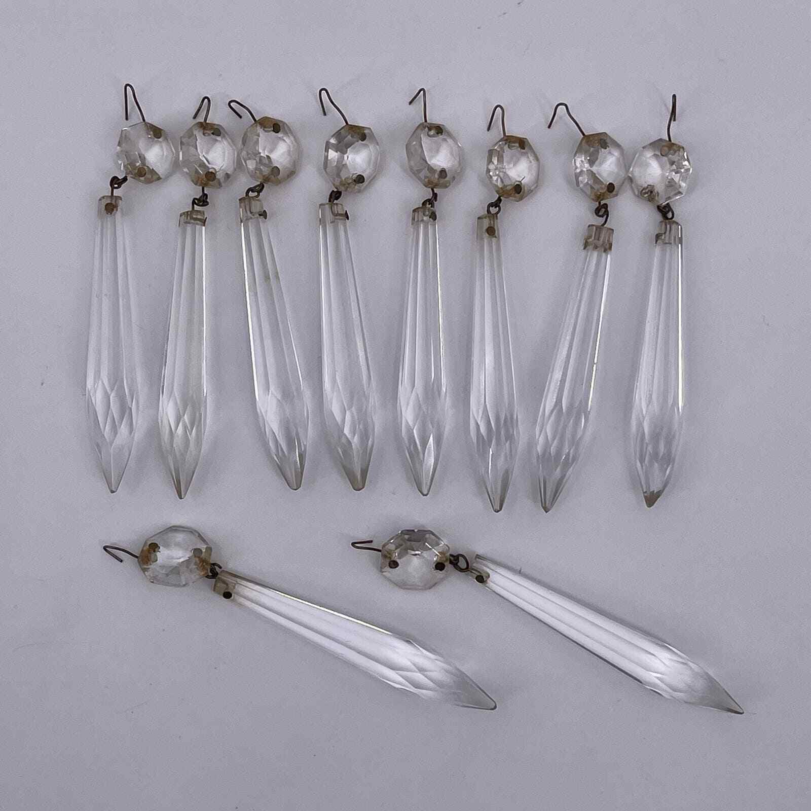 Lot of 10 Antique Glass Chandelier Dangles Icicle Spear Shaped Prisms Cut Glass