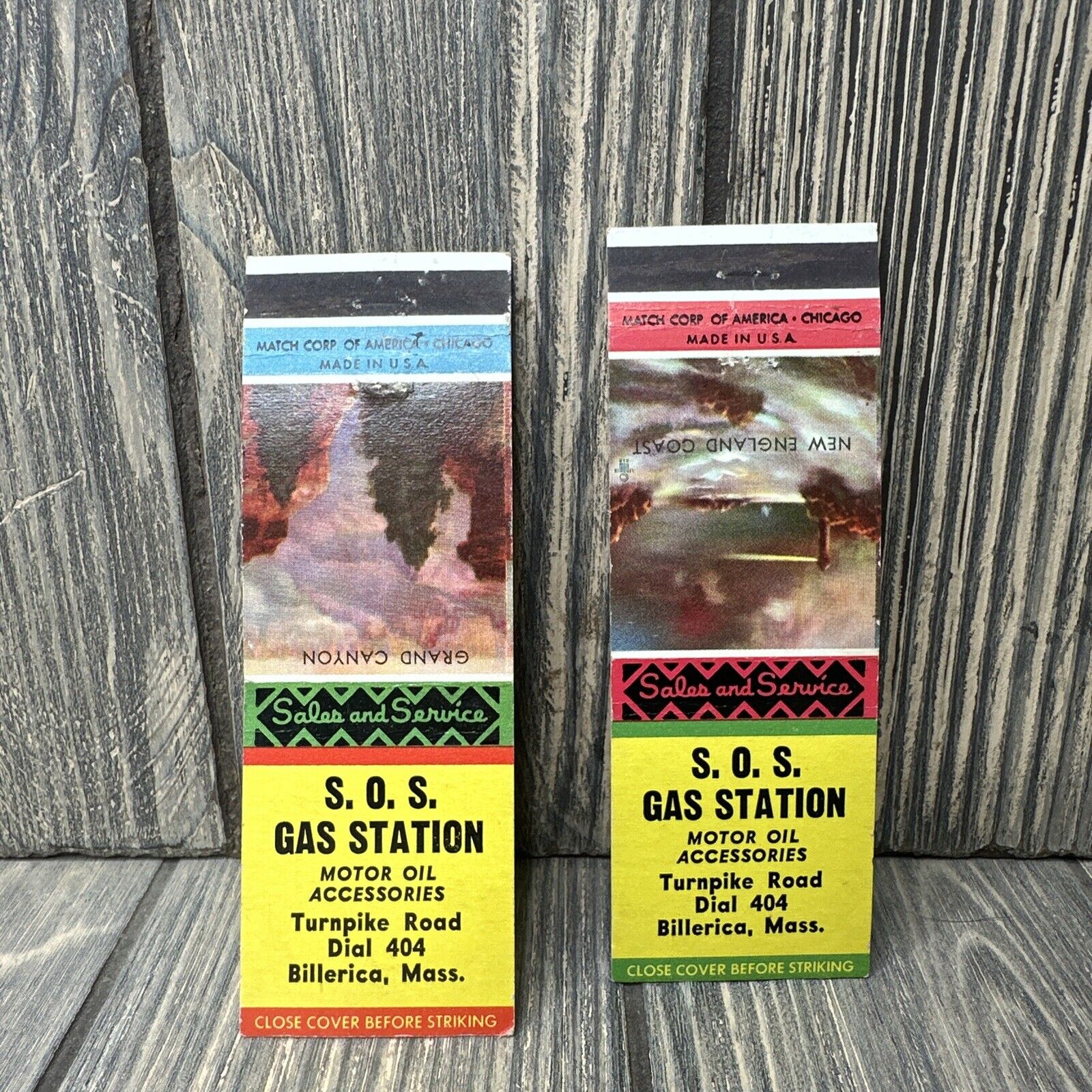 Vtg Lot of 2 S.O.S Gas Station Billerica MA Matchbook Cover Advertisement