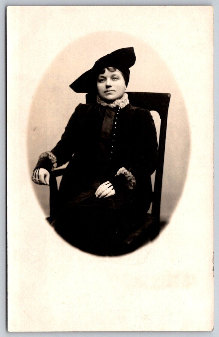 Self Portrait of Lady With Hat RPPC Real Photo Postcard VTG