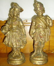 Pair of Antique Gold Painted Figurines Statues Pottery picture