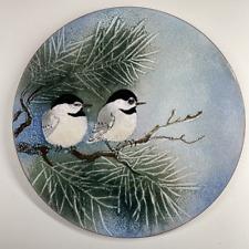 Vintage Norman Brumm Enamel on Copper Winter Chickadee Bird Plate Dish 8 3/8