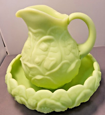 Fenton Lime Sherbet Green Satin Glass Water Lily Pattern Pitcher & Basin Glows picture