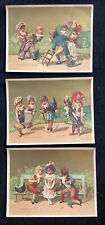 Lot Of Three Victorian French Trade Cards Children Playing Jump Rope Gold Foil picture