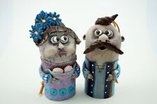 Old Pair Of Small Comic Characters Hanging Decor Home Ceramic Bells Handmade Art picture