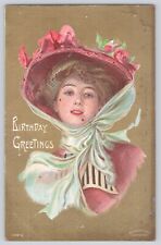 Postcard Birthday Greetings Beautiful Lady In Hat Flowers Vintage Antique 1908 picture