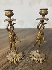 Pair of Antique Bronzed Cast Iron Art Nouveau Candlesticks Standing Candleholder picture