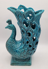 Turquoise Teal Green Ceramic Crackle Glaze Peacock Flower Vase 12