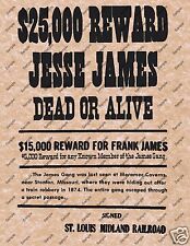 JESSE JAMES $25000 WANTED DEAD OR ALIVE REWARD POSTER Wild West Western 013 picture
