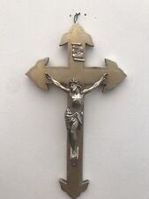 15” French Antique Wall crucifix Cross Fleur-De-Lis￼ Gilt Gold Wood Jesus Silver picture