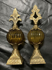 PAIR OF VINTAGE SOLID BRASS & AMBER YELLOW GLASS ART DECOR. India Made 9.5” H picture