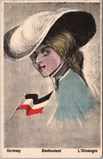 Vintage GERMANY Country Girl Postcard Pretty Lady / Large Hat / Flag 1907 Cancel picture
