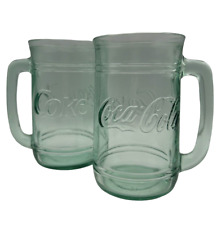 Pair of Coca-Cola Vintage Green Glass Mugs Glasses w/ Handles Indiana 16oz Gift picture