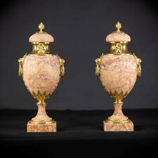 Pair of Urns | Two French Antique Cassolettes Pink Marble and Gilt Bronze 17.7