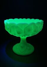 Vtg Fenton Green Uranium Custard Satin Glass Compote Bowl Water Lily Pattern picture