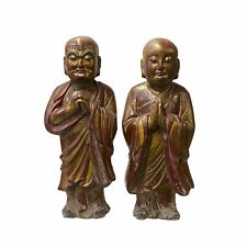 Pair of Vintage Chinese Wood Brown Golden Lacquer Monk Figures ws1534 picture