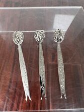 3 STERLING SILVER COCKTAIL PICKS With Decorative Tops, 3”, Stamped Sterling picture