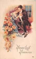 Cupid by Yellow Roses Watching Lovers Embrace-Old Art Deco Valentine PC-No. 800 picture