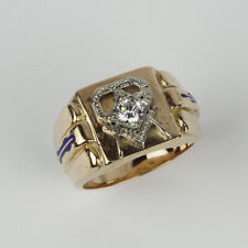Vintage 14k Yellow Gold, Clear Stone Mens Freemason Ring Size 9.5 picture