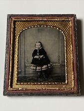 antique 1870s Framed Lovely GIRL in PLAID Mounted For Hanging Tintype Photo picture