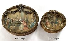 (2) Antique French Oval Gilded  Metal Boxes w/hinged lid, scene & glass top. picture