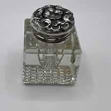 M24- Antique Art Nouveau Floral Sterling Silver Screw Lid Cut Glass Cube Inkwell picture