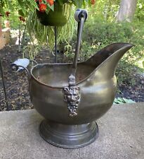 Vintage Solid Brass Coal Scuttle Bucket Lion Porcelain Handles Planter picture