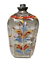 Stiegel Type Blown Flask Enameled Floral, Antique Colonial Glass 1700's 5