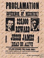 JESSE JAMES $25000 PROCLAMATION WANTED DEAD OR ALIVE REWARD POSTER Wild West 014 picture