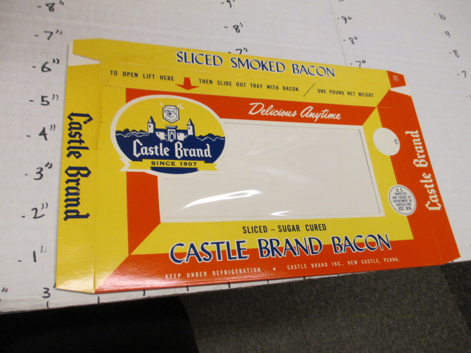 CASTLE BRAND 1960s sliced BACON pork meat package food box grocery store