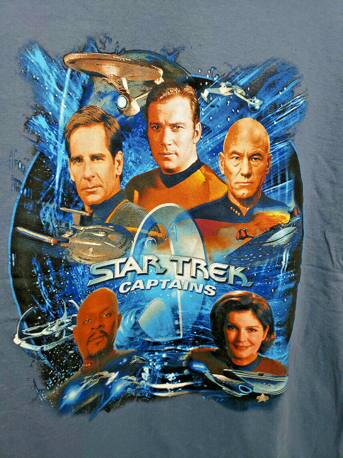 NEW Rare Star Trek All 5 Captains Blue XL Shirt 100% Cotton