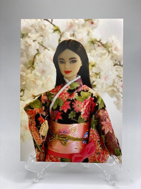 Brand New Japanese Barbie in a Cherry Blossom Red Kimono Art Print/Postcard