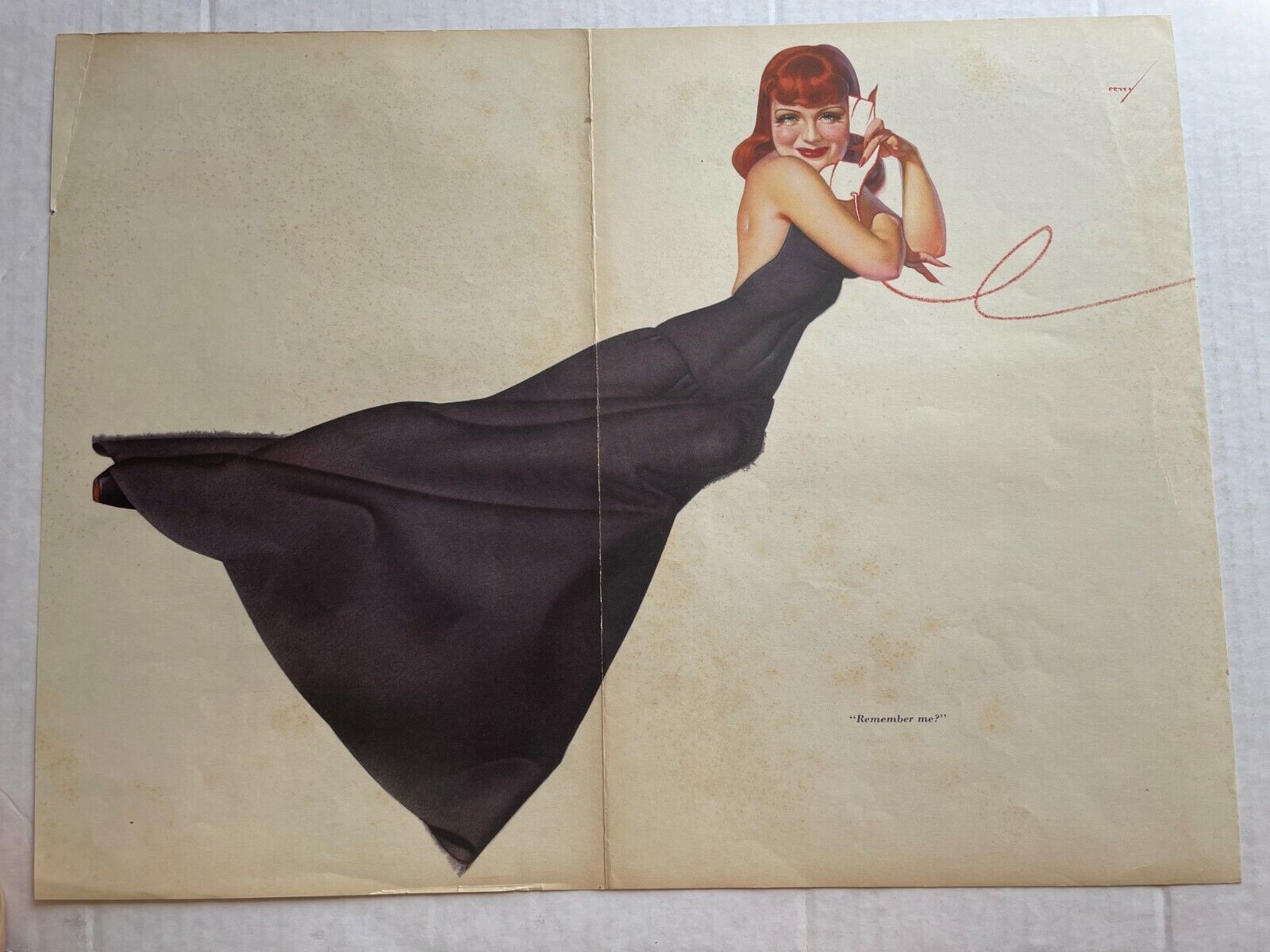 Vintage Pinup Girl Centerfold by George Petty- Redhead in Black Dress on Phone