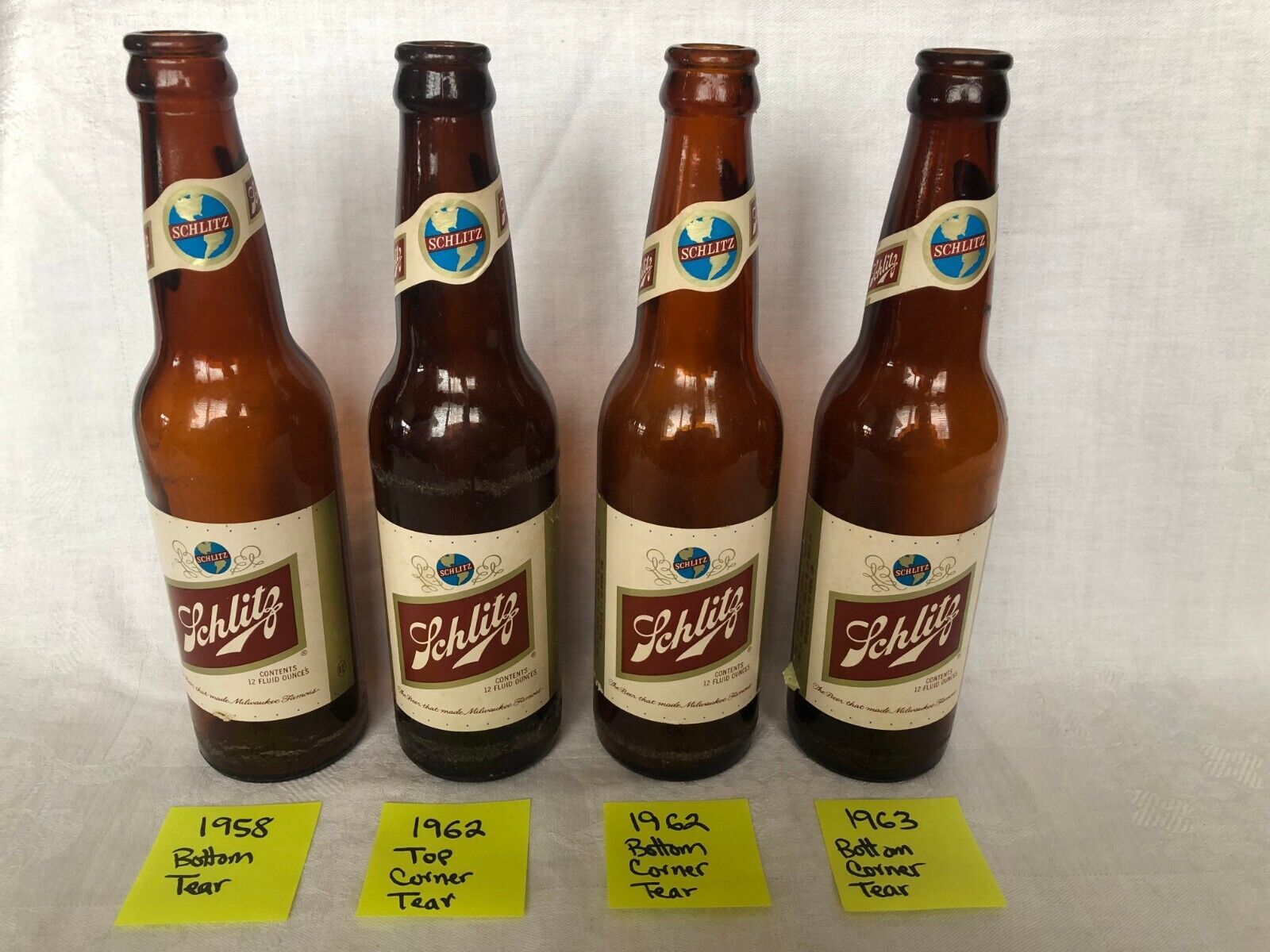 Vtg 12 oz Brown Schlitz Beer Bottles Dated 1958-1963 EMPTY 1970 Labels No Caps