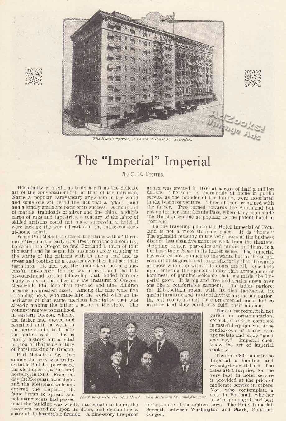 1912 Imperial Hotel Portland OR Print Article – Metschan & Exterior View Pix