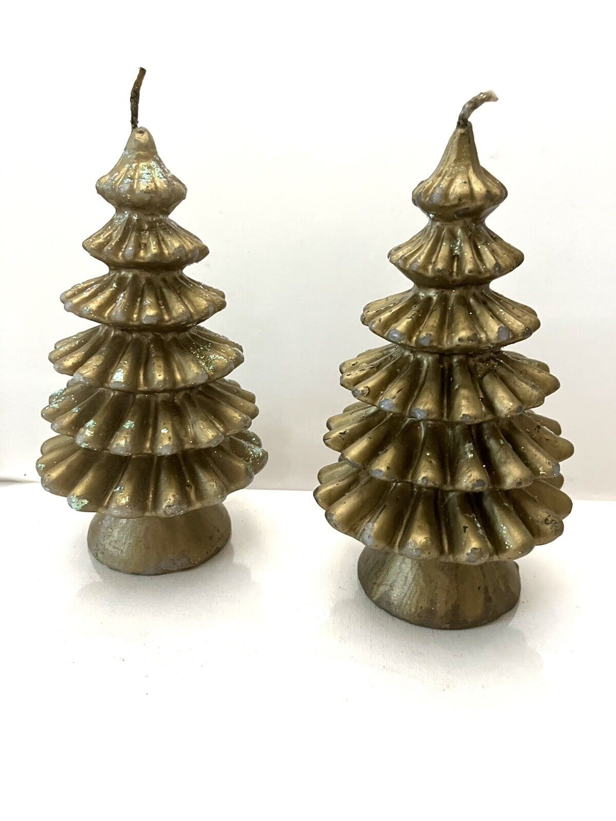 Vtg Christmas Tree Candles Gold Distressed Holiday Display 2 Piece Unburned Wax