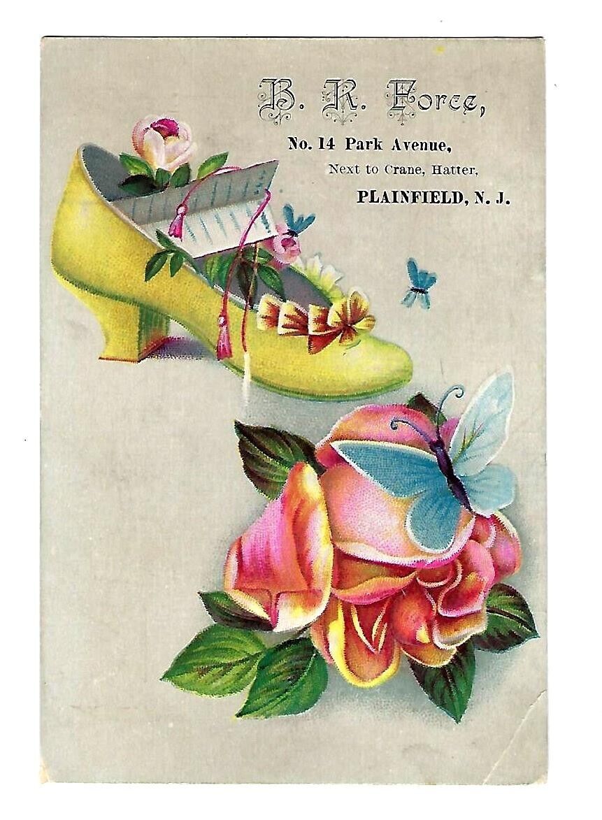 c1890 Victorian Trade Card B.R. Force Plainfield NJ, Embossed Shoes, Butterflies