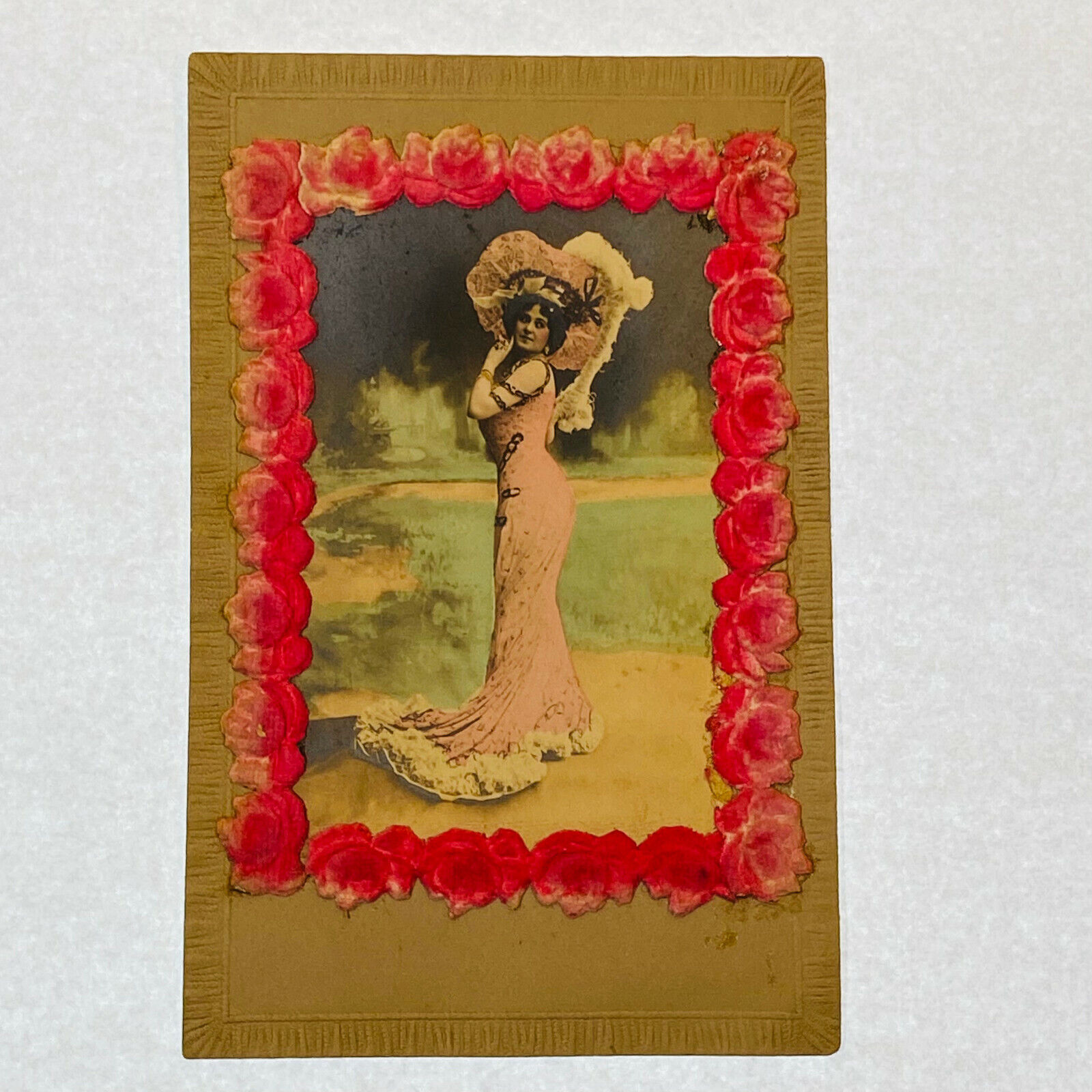 Vintage Antique Victorian Lady With Large Hat and Border of Roses Postcard 