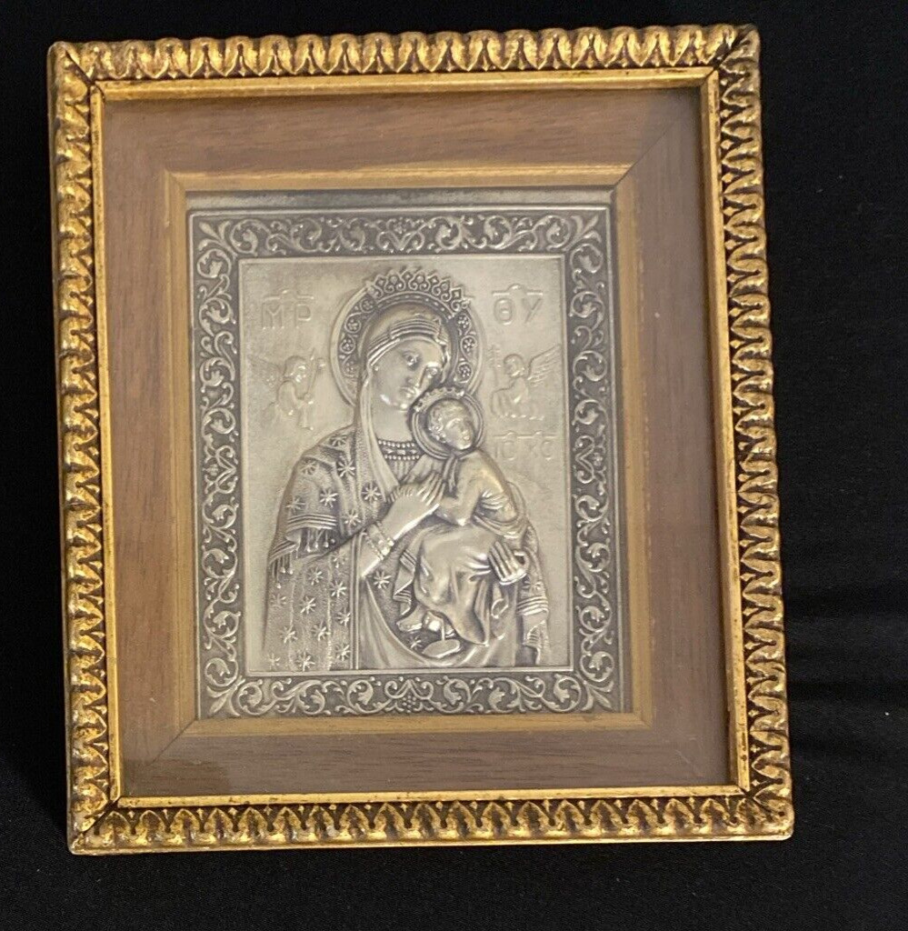 Madonna and Child Embossed Framed Religious Icon .925 Sterling Silver