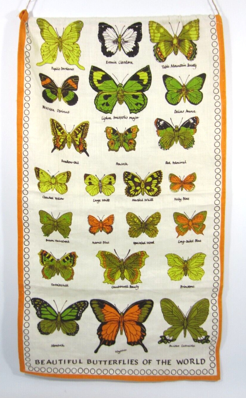 Vintage 70s Butterfly Linen Wall Hanging Art Decor 28x16 Canvas Hippie MOD Boho