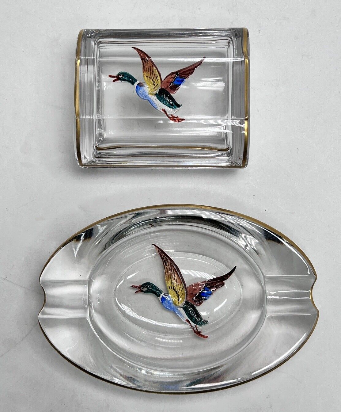 Vintage Ashtray Glass Cigarette Holder Hand Painted Gold Heavy Duck Waterfowl